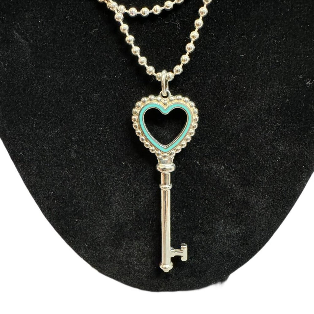 TIFFANY Sterling Silver Heart Key Pendant on Large Bead Necklace