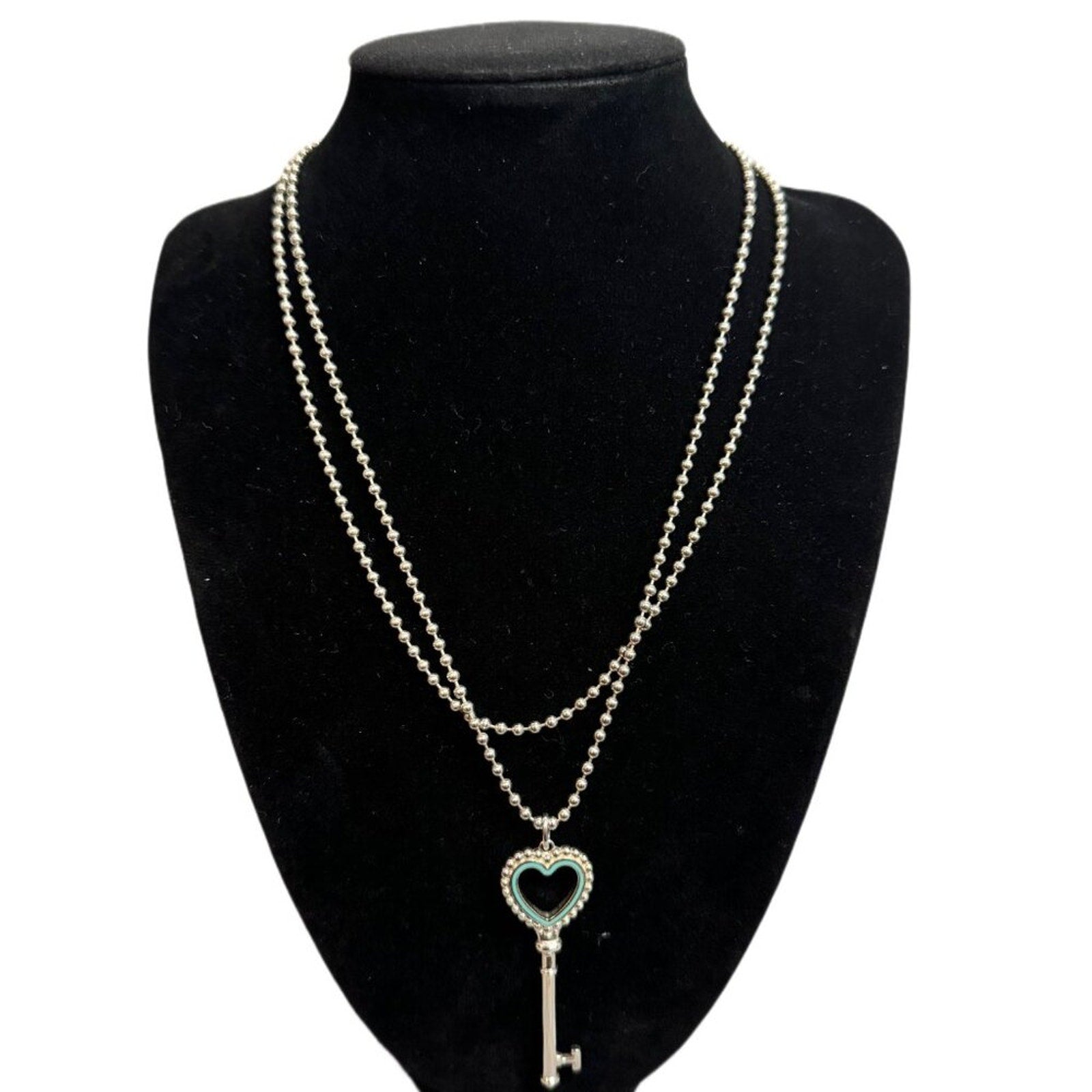 TIFFANY Sterling Silver Heart Key Pendant on Large Bead Necklace